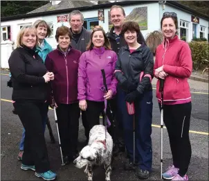  ?? Photo by Michelle Cooper Galvin ?? Mags Campbell, Barbara Brennan, Joan O’Connor, Tadhg , Maggie and Pat McAuliffe, Anne McCarthy ad Michelle O’Connell with Patch at the start of the Annual Charity Strickeen Walk from Kate Kearney’s on Saturday.