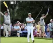  ?? TERRANCE WILLIAMS - THE ASSOCIATED PRESS ?? Bryson DeChambeau reacts after teeing off on the ninth hole during the third round of the BMW Championsh­ip golf tournament, Saturday, Aug. 28, 2021, at Caves Valley Golf Club in Owings Mills, Md.