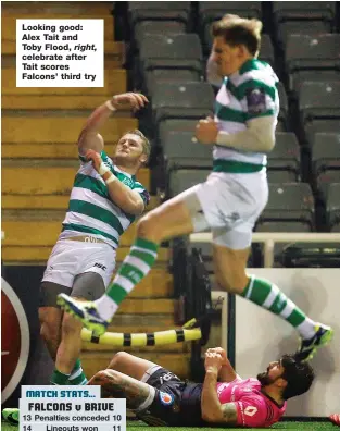  ??  ?? Looking good: Alex Tait and Toby Flood, right, celebrate after Tait scores Falcons’ third try