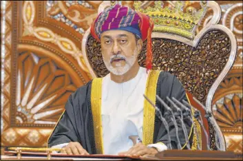  ?? Oman News Agency ?? Oman’s new ruler, Sultan Haitham bin Tariq Al Said, makes his first speech after being sworn in at the Royal Family Council on Saturday in Muscat, Oman.