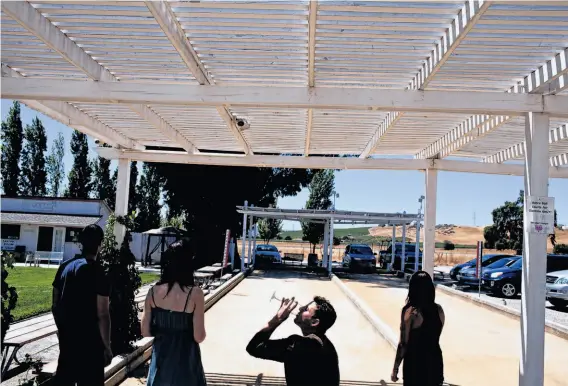  ?? Photos by Jason Henry / Special to The Chronicle ?? Justin Satoutah sips wine during a game of bocce ball at Rios-Lovell Estate Winery, which has grown into a 65-acre destinatio­n with event and concert centers.