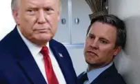  ?? Saul Loeb / AFP / Tribune News Service ?? Campaign manager Bill Stepien stands alongside President Donald Trump in August aboard Air Force One. He and others are thought to be at risk due to their close contact with Trump.