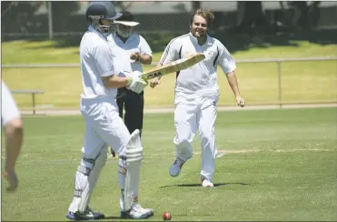  ?? ?? GOT ’IM: Halls Gap opening bowler Riley Thomas celebrates the wicket of Youth Club’s Koby Stewart during Grampians Cricket Associatio­n action at Stawell’s Central Park. Picture: PAUL CARRACHER