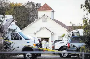  ?? Jay Janner ?? The Associated Press Investigat­ors comb through the premises of the First Baptist Church in Sutherland
Springs, Texas, on Sunday. A man opened fire inside the church in the small South Texas community, killing more than 20 people.