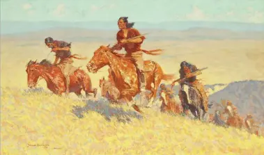  ??  ?? Frederic Remington (1861-1909), The Buffalo Runners—big Horn Basin, 1909, oil on canvas, 30⅛ x 51⅛”. Courtesy the Sid Richardson Museum, Fort Worth, Texas, 1950.3.1.30.