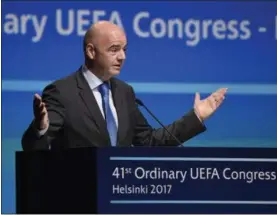  ?? MARKKU ULANDER — LEHTIKUVA VIA AP ?? FIFA President Gianni Infantino speaks during the 41st Ordinary UEFA Congress Wednesday, at the Fair Centre Messukesku­s, in Helsinki, Finland.