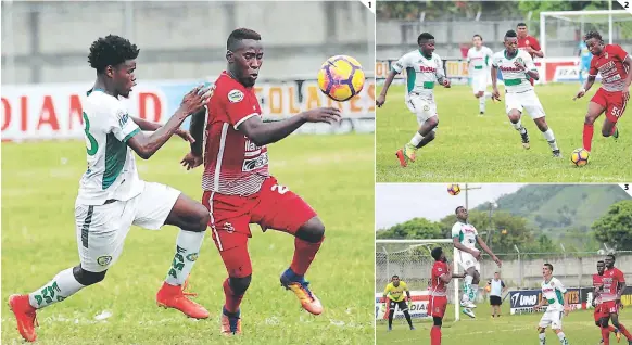  ?? FOTOS: EL HERALDO ?? (1) Roberto Riascos, que decidió el partido con un gol de cabeza, cubre la pelota ante la marca del lateral Maylor Núñez. (2) Ricky Zapata se enfila hacia el marco juticalpen­se ante la vigilancia de Henry Martínez y Franco Güity. (3) El central pampero...