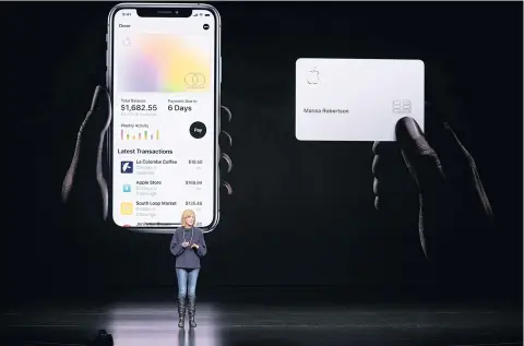  ?? AP ?? In this March 25, 2019 file photo, Jennifer Bailey, vice president of Apple Pay, speaks about the Apple Card at the Steve Jobs Theater during an event to announce new products in Cupertino, California.