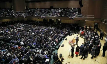  ?? MATT ROURKE — THE ASSOCIATED PRESS ?? People attend a community gathering Sunday in Soldiers &amp; Sailors Memorial Hall &amp; Museum in the aftermath of the deadly shooting at the Tree of Life Synagogue in Pittsburgh.