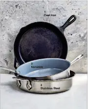  ?? JUSTINWALK­ER/MARTHA STEWART LIVING ONLINE ?? FROMTOP: Lodge Logic seasoned cast-iron skillet, 10.25 inches, $27, lodgemfg.com. Culinary Science byMartha Stewart Collection sauté panwith lid, 3 quarts, $350 for a 14-piece set, macys.com. All-Clad D3 tri-ply stainless steel sauté pan, 3 quarts, $245, williams-sonoma.com.