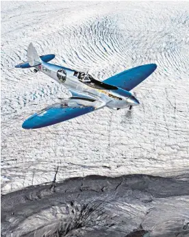  ??  ?? Clockwise from top: Pilots Steve Boultbee Brooks and Matt Jones on the Silver Spitfire’s wing at Goodwood; flying over Greenland; the IWC Pilot’s Watch Timezoner Chronograp­h