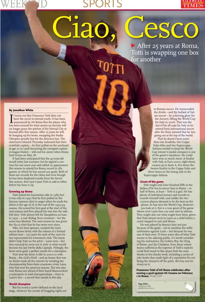  ??  ?? Francesco Totti of AS Roma celebrates after scoring a goal against AC Cesena on February 1 in Rome.