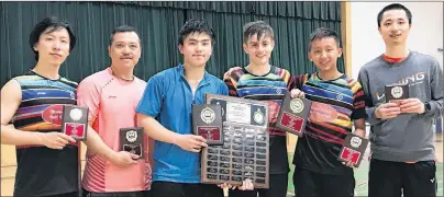  ?? SUBMITTED PHOTO ?? The team of David Pan, third left, and Jack Ronahan, third right, won the men’s doubles title at the Badminton P.E.I. provincial senior championsh­ips in Stratford recently. Sam Yuan, second right, and Kevin Yan, right, were the runners-up while Leon...
