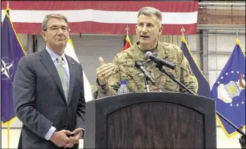  ?? ROBERT BURNS / AP ?? Army Gen. John Nicholson speaks at a news conference with U.S. Defense Secretary Ash Carter on Friday at Bagram Air Base, north of Kabul, Afghanista­n.