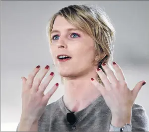  ?? AP PHOTO ?? Chelsea Manning addresses an audience, Sunday, during a forum in Nantucket, Mass. Manning, the former U.S. soldier who leaked thousands of classified military documents, says she’s been barred from entering Canada as a result of her criminal record.