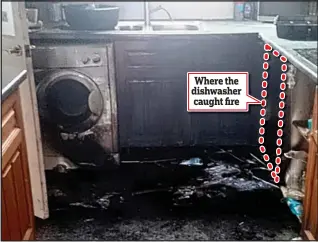  ??  ?? Destructio­n: The charred kitchen after the dishwasher burst into flames Where the dishwasher caught fire