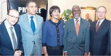  ??  ?? A very rare sight – Prime Minster Andrew Holness (second left) with four former prime ministers. (From left) Edward Seaga, Portia Simpson Miller, P.J. Patterson, and Bruce Golding.