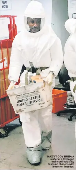  ??  ?? ‘HAZ’ IT COVERED: A staffer at a Pentagon mail-sorting facility takes no chances with letters on Tuesday.