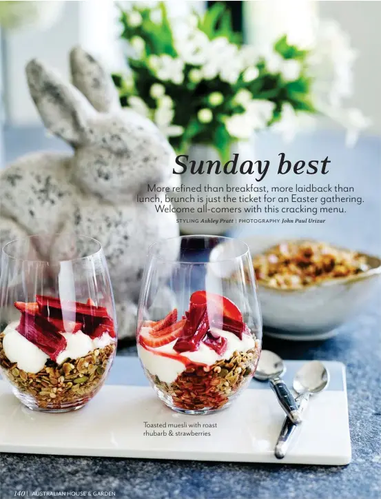  ??  ?? Toasted muesli with roast rhubarb & strawberri­es