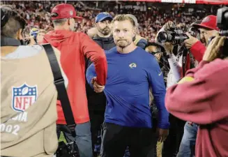  ?? Scott Strazzante/The Chronicle ?? Rams head coach Sean McVay shakes hands with 49ers head coach Kyle Shanahan after San Francisco’s 24-9 win on Oct. 3, dropping McVay to 4-8 in head-to-head meetings.