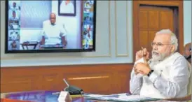  ?? PTI ?? ■
Prime Minister Narendra Modi interacts with floor leaders of political parties via video conferenci­ng to discuss the situation arising out of the Covid-19 pandemic, in New Delhi on Wednesday.