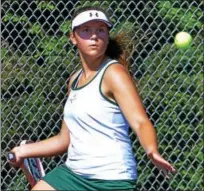  ?? BOB RAINES — DIGITAL FIRST MEDIA ?? Lansdale Catholic’s Casey Meenan gets set to send a forehand to Souderton’s Katherine Fursov Tuesday.