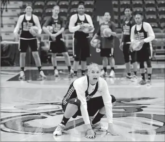  ?? SEAN D. ELLIOT/THE DAY ?? The East’s Elena Delle Donne reacts after missing an attempted halfcourt shot during open practice for WNBA East and West All-Star squads at Mohegan Sun Arena on Friday. The best players from East and West face off in the All-Star Game today at 3:30 p.m.