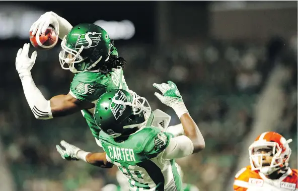  ?? — THE CANADIAN PRESS FILES ?? Saskatchew­an defensive back Ed Gainey makes his fourth intercepti­on against the B.C. Lions at Mosaic Stadium in Regina back on Aug. 13. The Riders have gone 9-4-0 since that 41-8 victory and stand one win away from reaching the Grey Cup.