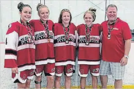  ?? SUBMITTED PHOTO ?? Celebratin­g a gold medal with Ontario’s midget girls box lacrosse team are Peterborou­gh’s (l-r) Lora Vass, Megan St. Thomas, Rachel King, Taya Keast and Bobby Keast.