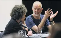  ?? PHOTO: GERARD O’BRIEN ?? Imaginatio­n running wild . . . Author Kate de Goldi pays rapt attention as Port Chalmers illustrato­r and author David Elliot expounds on his literary career.