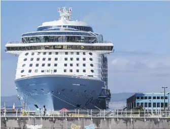  ?? DARREN STONE, TIMES COLONIST ?? Cruise ship Ovation of the Seas, docked at Ogden Point in August 2019. The Greater Victoria Harbour Authority says it will establish shore power for cruise ships to hook up to while in port, if it can get the funding from government­s and private partners.