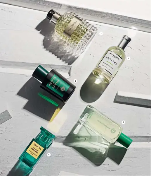  ??  ?? 1 Valentino Uomo Acqua 100
ml 92€ 2 Murdock Vetiver Cologne 100 ml 70€ 3 Acqua di Parma Colonia Club 100 ml 91€ 4 Tom Ford Sole di Positano 50 ml 155€ 5 Hermès Muguet Porcelaine
100 ml 171€