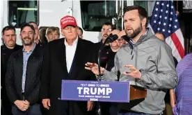  ?? Photograph: Alan Freed/ ?? Former president Donald Trump stands in the background as senator JD Vance speaks about the recent derailment of a train carrying hazardous waste.