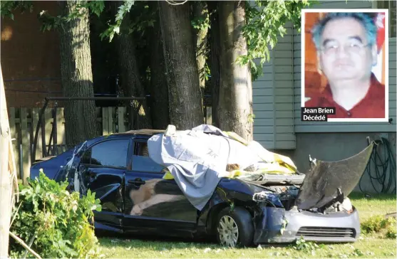  ?? PHOTO D’ARCHIVES ?? Jean Brien Décédé Le conducteur de la Honda Civic a percuté un poteau après avoir happé mortelleme­nt Jean Brien (en mortaise) à Pointe-Calumet.