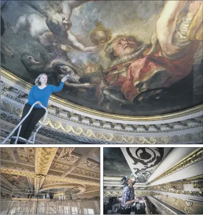  ??  ?? A Historic Royal Palaces conservato­r examines the famous painted ceiling of The Apotheosis of James I by Sir Peter Paul Rubens, at the Banqueting House in Whitehall, London, as scaffoldin­g 17m high is erected for important conservati­on on the ceiling.