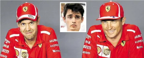  ?? AP-BILD: BRUNO ?? Ab 2019 getrennt: Kimi Räikkönen (rechts) verlässt das Ferrari-Team zum Jahresende. Neben Sebastian Vettel (links) fährt dann der 20-jährige Charles Leclerc (Mitte) für die Scuderia.