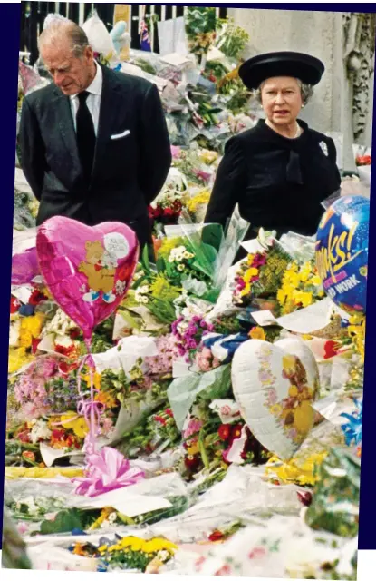  ??  ?? Eve of the funeral: The Queen and Prince Philip inspect the floral tributes to Diana outside Buckingham Palace