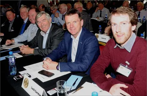  ??  ?? Wexford delegates Derek Kent, Tony Dempsey, Dermot Howlin and Gearóid Devitt at the special Congress, with Kilkenny duo Conor Denieffe and Jimmy Walsh to the extreme left. Photograph: George Hatchell.