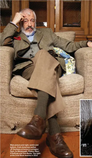  ??  ?? Main picture and right, centre and bottom, Irish-American author JP Donleavy at home in Levington Park, Co Westmeath. Photos: Marc O’Sullivan and Tom Burke. Top right: at the Irish Book Awards in 2015