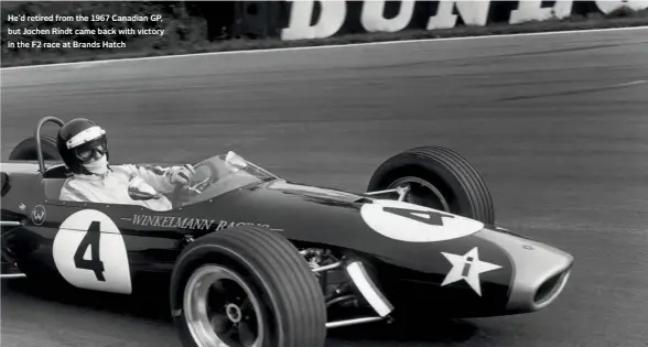 ??  ?? He’d retired from the 1967 Canadian GP, but Jochen Rindt came back with victory in the F2 race at Brands Hatch