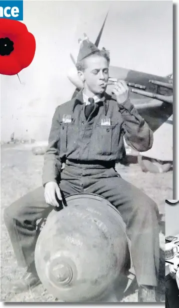  ?? ABOVE: DEPARTMENT OF NATIONAL DEFENCE; RIGHT: STEVE BOSCH / PNG FILES ?? An 18-year-old Al Davidson, perched on a bomb at the Eindhoven airfield in the Netherland­s in 1944, lights a cigar from an intercepte­d shipment destined for elite German SS officers. RIGHT: Davidson in 1985 while a radio broadcaste­r at CKNW.