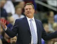  ?? ORLIN WAGNER — THE ASSOCIATED PRESS ?? Kansas head coach Bill Self talks to his team during the first half of an NCAA college basketball game against Kansas City in Kansas City, Kan., Saturday.