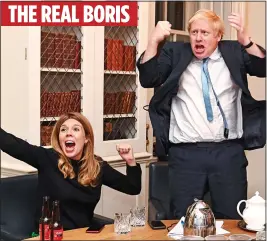 ?? ?? LOOKALIKES: Boris and Carrie learning of the 2019 Election victory in Downing Street – and how Kenneth Branagh and Ophelia Lovibond recreated the scene THE REAL BORIS