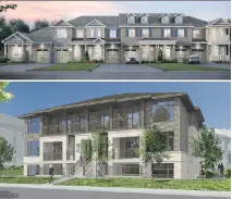  ??  ?? TOP: Phoenix Homes will launch its Terra Flats low-rise condos at Hillside Vista this spring, and constructi­on on an earlier release at Fernbank Crossing will start later in the year. BOTTOM: Valecraft expects to break ground mid-year at Rathwell Landing. The newly-designed towns there will also be a part of a new phase at Cardinal Trail.