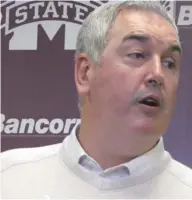  ?? (Photo by Danny P. Smith, SDN) ?? Mississipp­i State football coach Joe Moorhead responds to a question from the media during a press conference.