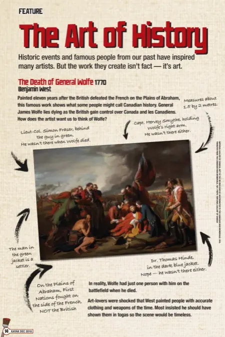 ??  ?? holding Capt. Hervey Smythe, arm. Wolfe’s right either. He wasn’t there Measures about 1.5 by 2 metres. Fraser, behind Lieut-Col. Simon the guy in green. Wolfe died. He wasn’t there when Dr. Thomas Hinde, jacket. in the dark blue there either. Nope — he wasn’t The man in the green jacket is a settler. of On the Plains Abraham, First on Nations fought French, the side of the NOT the British In reality, Wolfe had just one person with him on the battlefiel­d when he died. Art-lovers were shocked that West painted people with accurate clothing and weapons of the time. Most insisted he should have shown them in togas so the scene would be timeless.