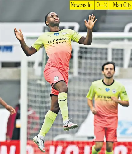  ??  ?? Man City Newcastle 0—2 Flying tonight: Raheem Sterling jumps for joy after sealing Manchester City’s victory with his side’s second goal against Newcastle United