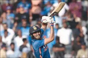  ?? (AFP) ?? India’s Shubman Gill plays a shot during his innings of 208 runs in the first One-Day Internatio­nal against New Zealand at the Rajiv Gandhi Internatio­nal Cricket Stadium in Hyderabad on Wednesday.