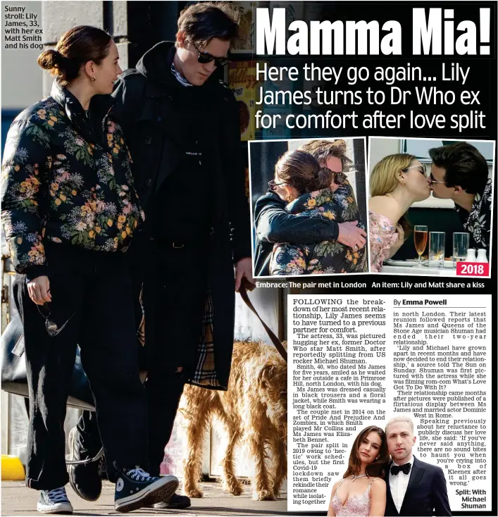  ?? ?? Sunny stroll: Lily James, 33, with her ex Matt Smith and his dog
