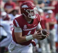  ?? NWA Democrat-Gazette/ANDY SHUPE ?? Arkansas quarterbac­k Ty Storey is expected to play in Saturday’s homecoming game against Tulsa, Coach Chad Morris said Wednesday.